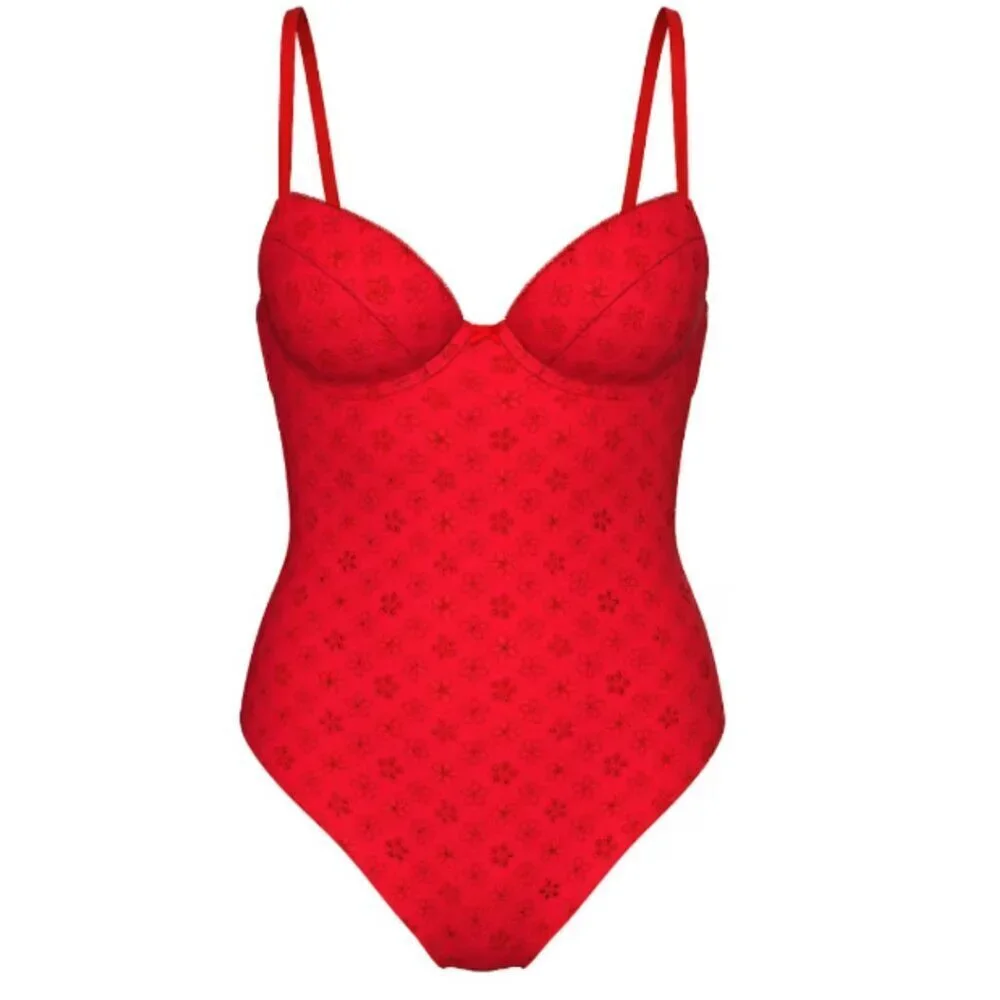 New! Pink by Frankies Nova Eyelet One-Piece Swimsuit Bandana Red 47323